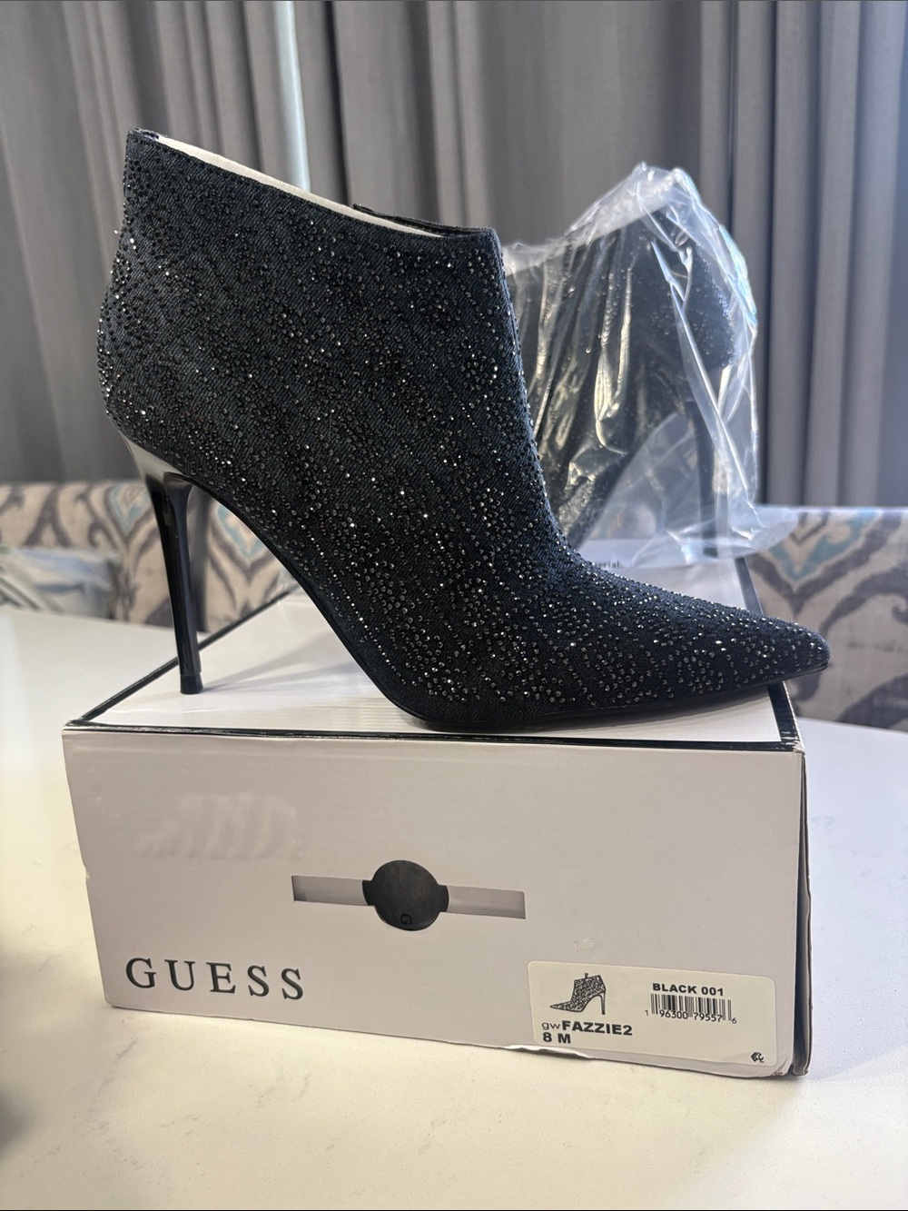 GUESS Black Crystal-Embellished Pointed Toe Ankle Booties